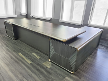 Large Modern Grey Oak Executive Corner Office Desk with Carbon Fibre and Brass Metal Edging - 2400mm / 2800mm / 3200mm - FP60-D01