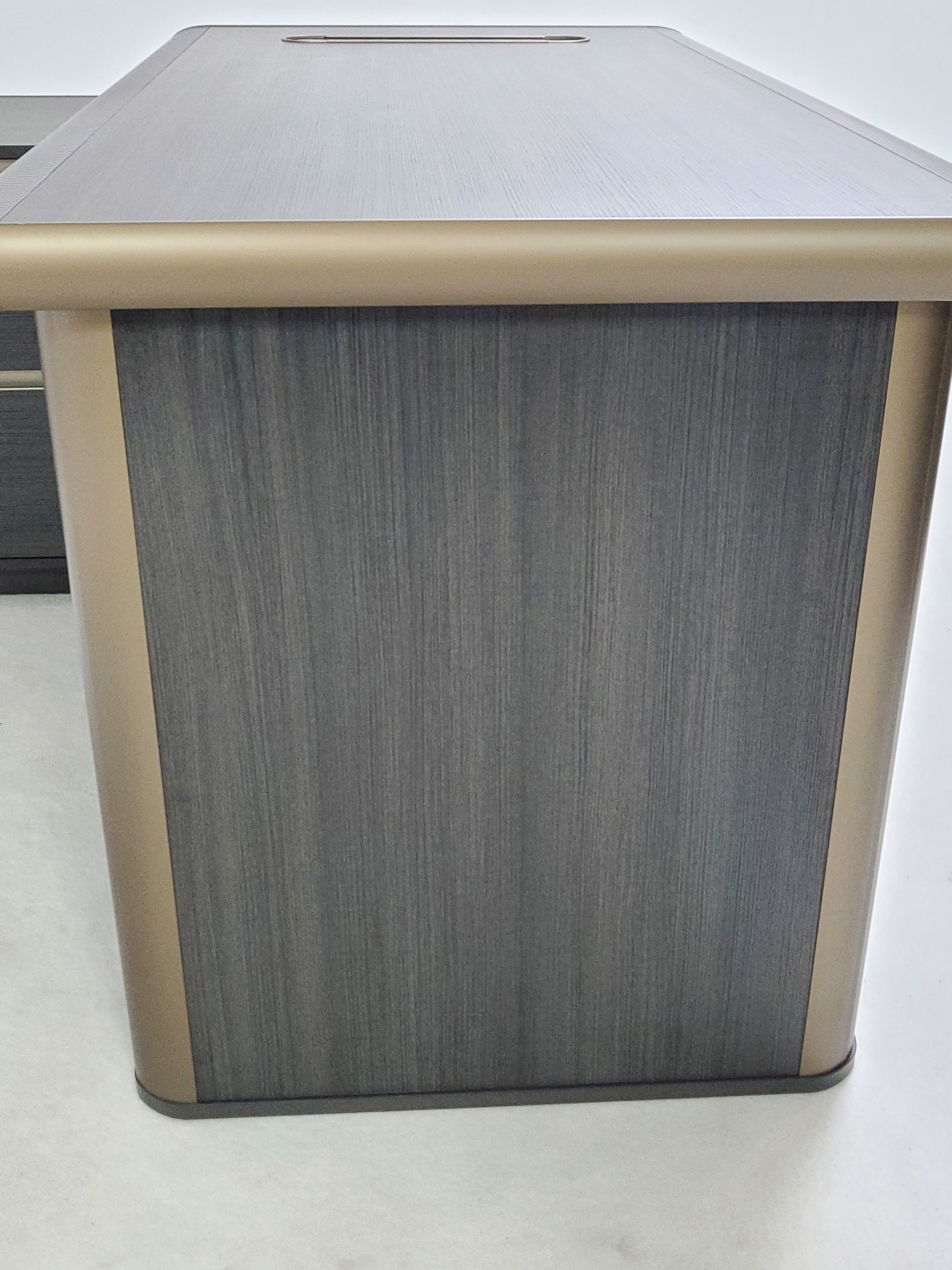 Modern Grey Oak Executive Corner Office Desk with Carbon Fibre and Brass Metal Edging - 2000mm - FP60-D02