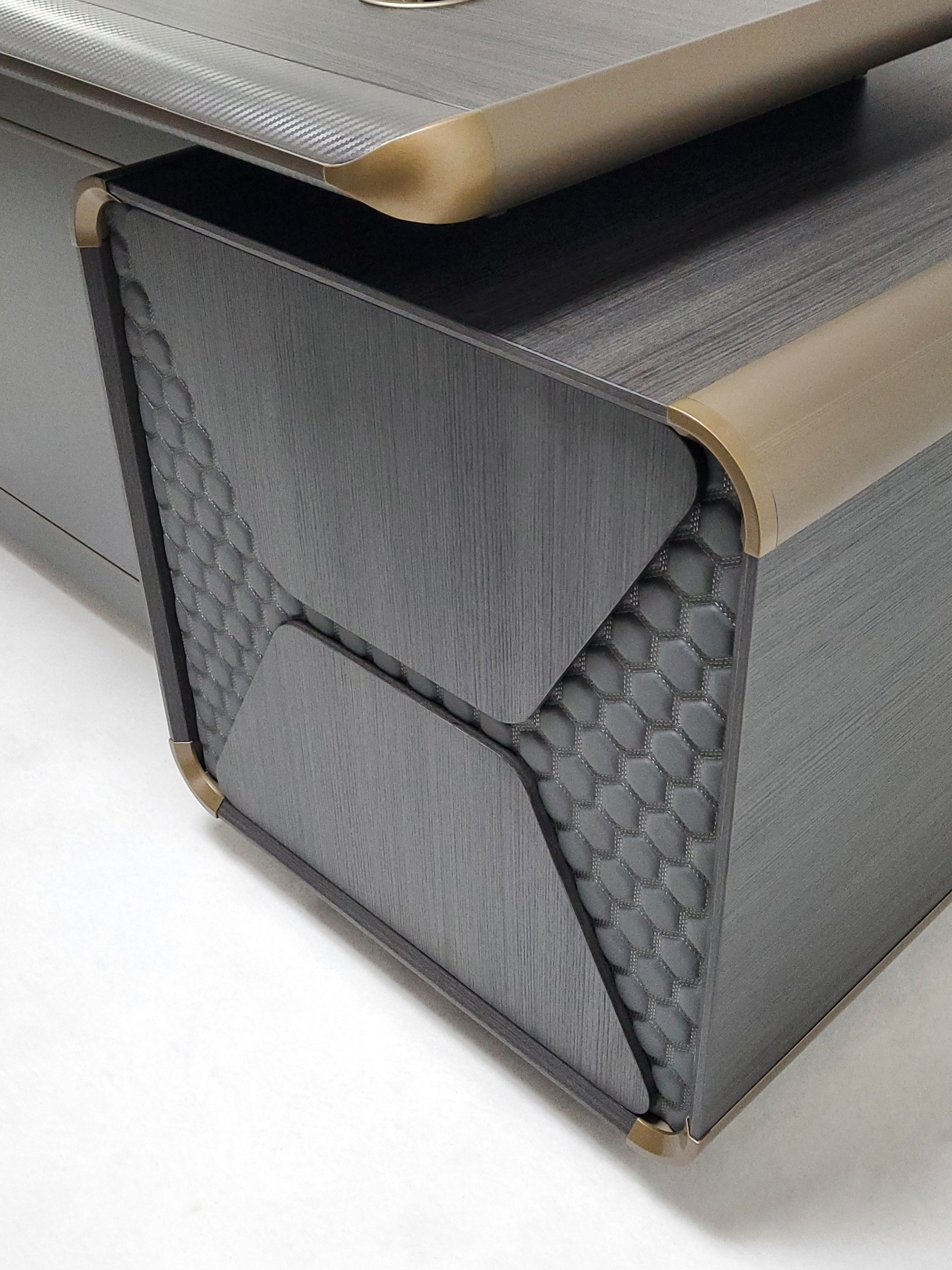 Modern Grey Oak Executive Corner Office Desk with Carbon Fibre and Brass Metal Edging - 1800mm - FP60-D02