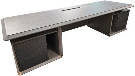 Large Modern Grey Oak Straight Office Desk with Herringbone Detailing and Built in Storage - 2800mm - DHH-D0128