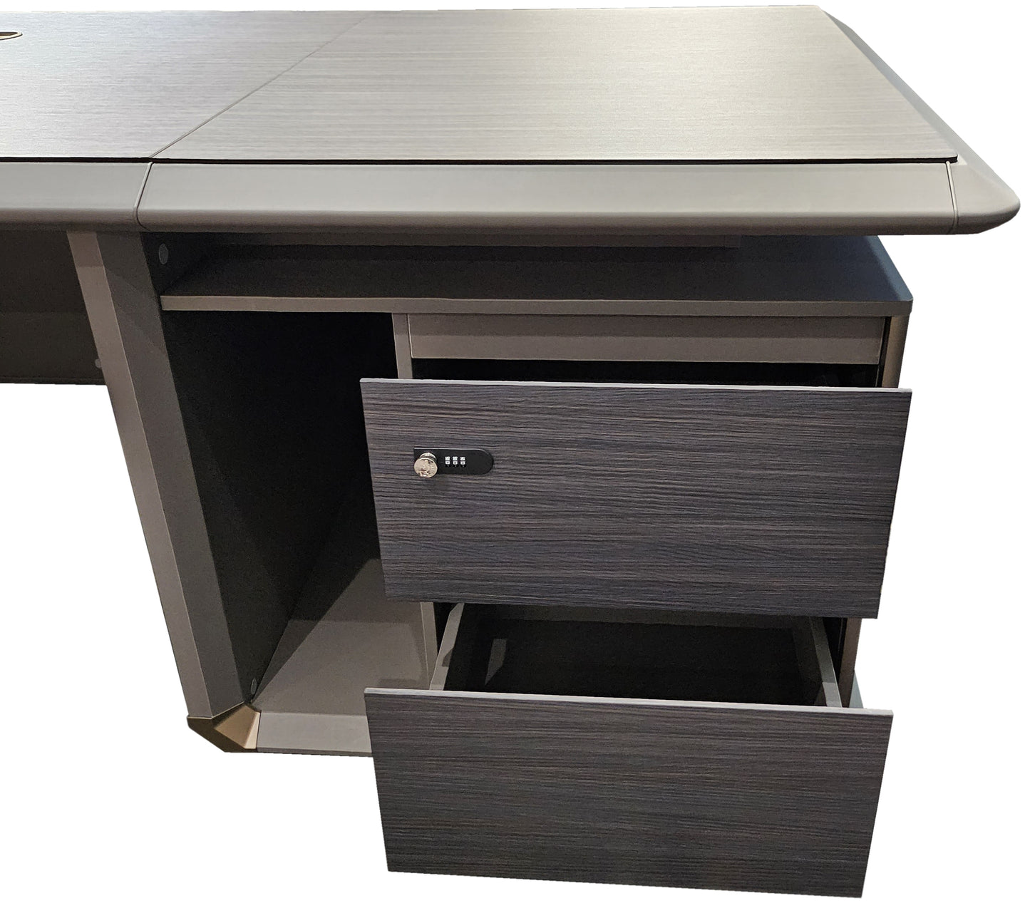 Large Modern Grey Oak Straight Office Desk with Herringbone Detailing and Built in Storage - 2800mm - DHH-D0128