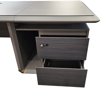 Large Modern Grey Oak Straight Office Desk with Herringbone Detailing and Built in Storage - 2800mm - DHH-D0128