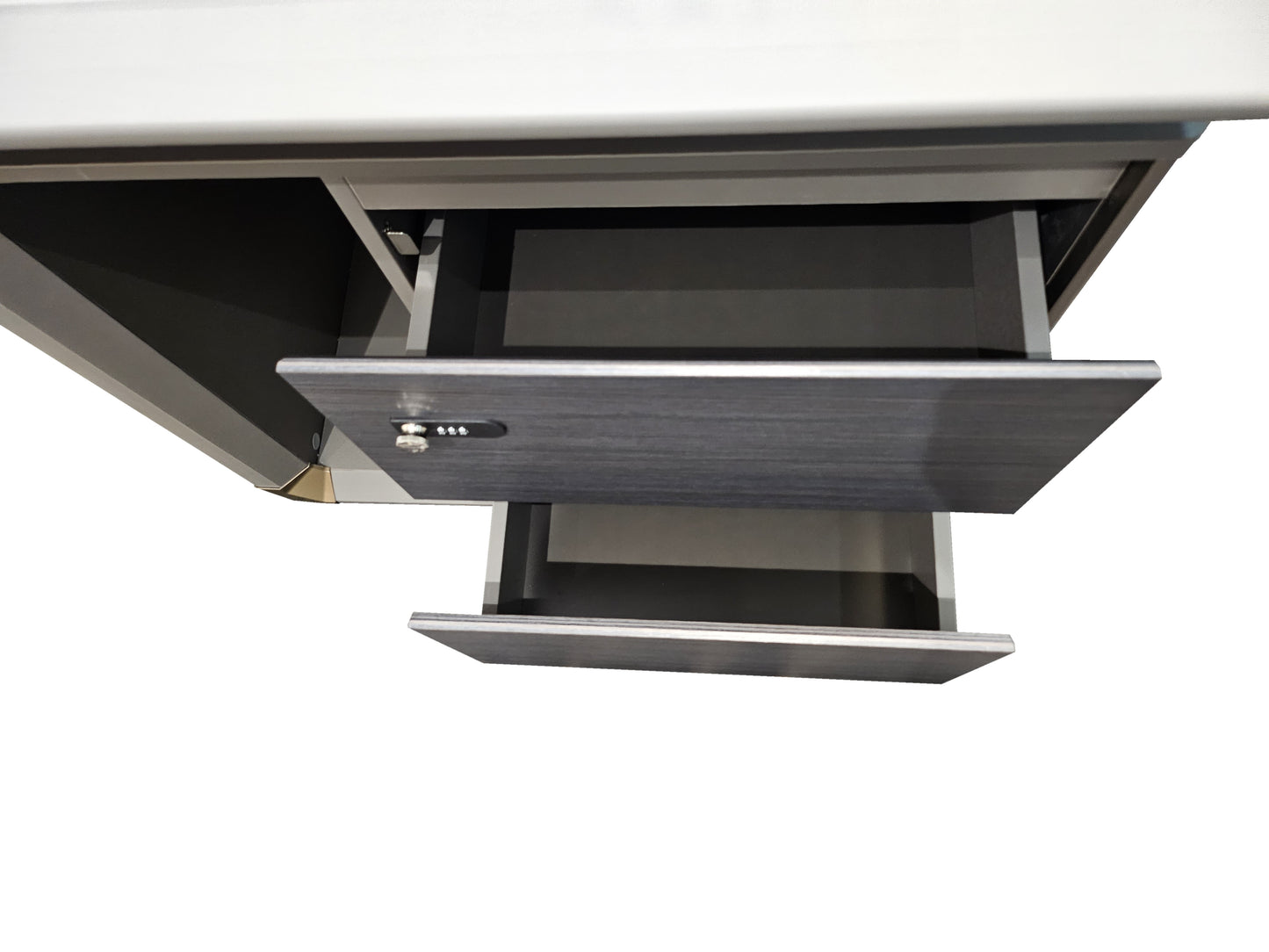 Large Modern Grey Oak Straight Office Desk with Herringbone Detailing and Built in Storage - 2800mm - DHH-D0128