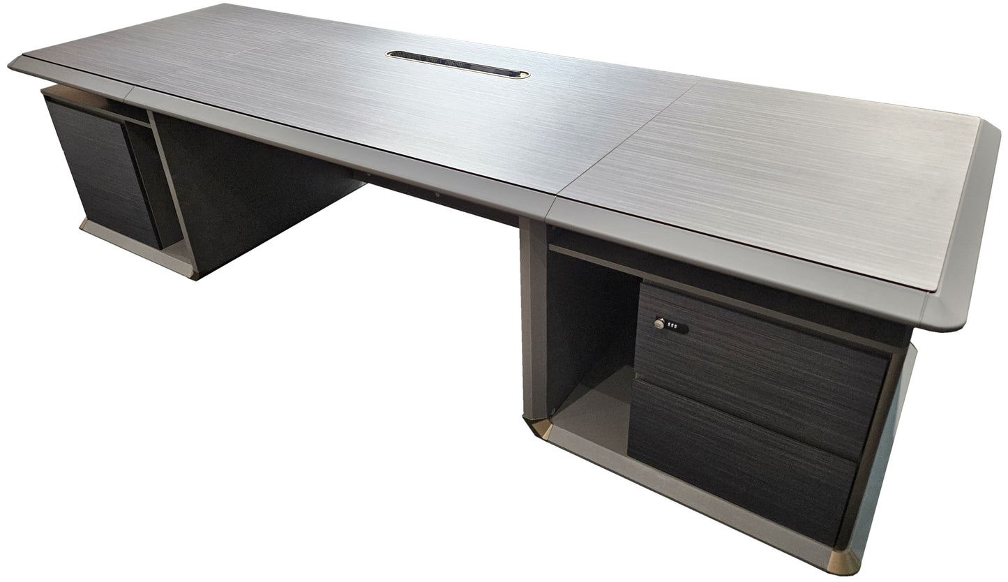 Large Modern Grey Oak Straight Office Desk with Herringbone Detailing and Built in Storage - 2800mm - DHH-D0128