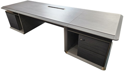 Large Modern Grey Oak Straight Office Desk with Herringbone Detailing and Built in Storage - 2800mm - DHH-D0128
