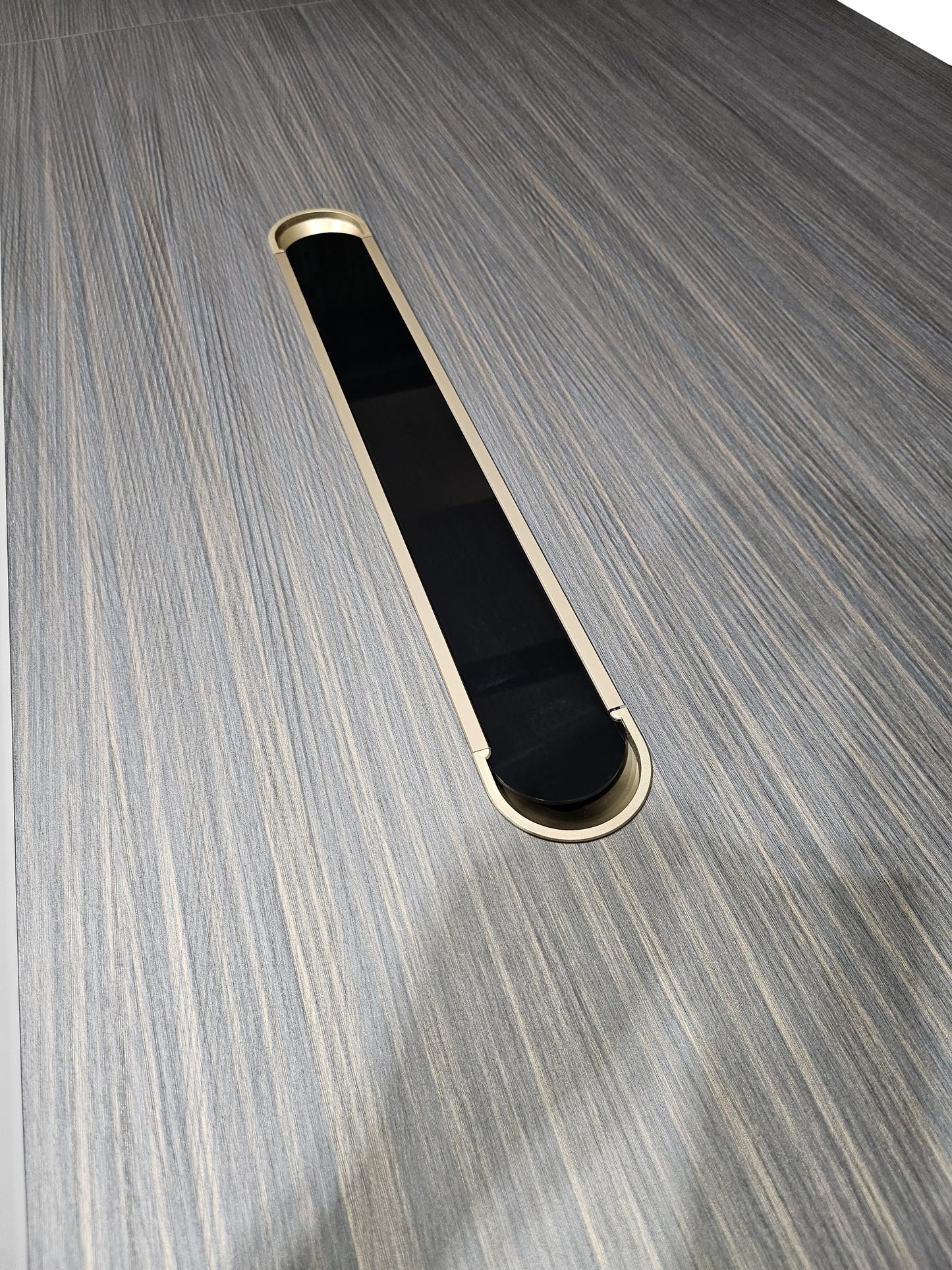 Large Modern Grey Oak Straight Office Desk with Herringbone Detailing and Built in Storage - 2800mm - DHH-D0128