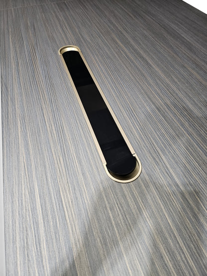 Large Modern Grey Oak Straight Office Desk with Herringbone Detailing and Built in Storage - 2800mm - DHH-D0128