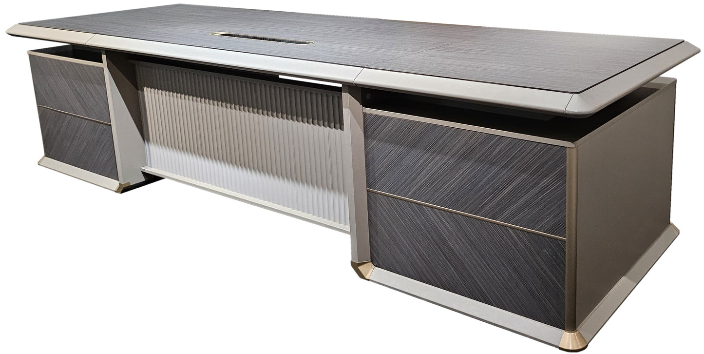 Large Modern Grey Oak Straight Office Desk with Herringbone Detailing and Built in Storage - 2800mm - DHH-D0128