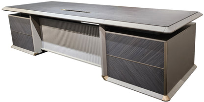 Large Modern Grey Oak Straight Office Desk with Herringbone Detailing and Built in Storage - 2800mm - DHH-D0128