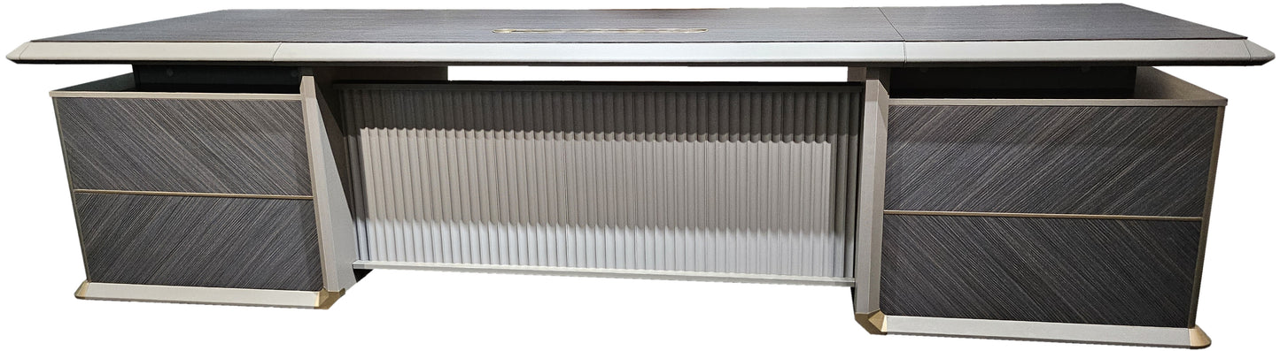 Large Modern Grey Oak Straight Office Desk with Herringbone Detailing and Built in Storage - 2800mm - DHH-D0128