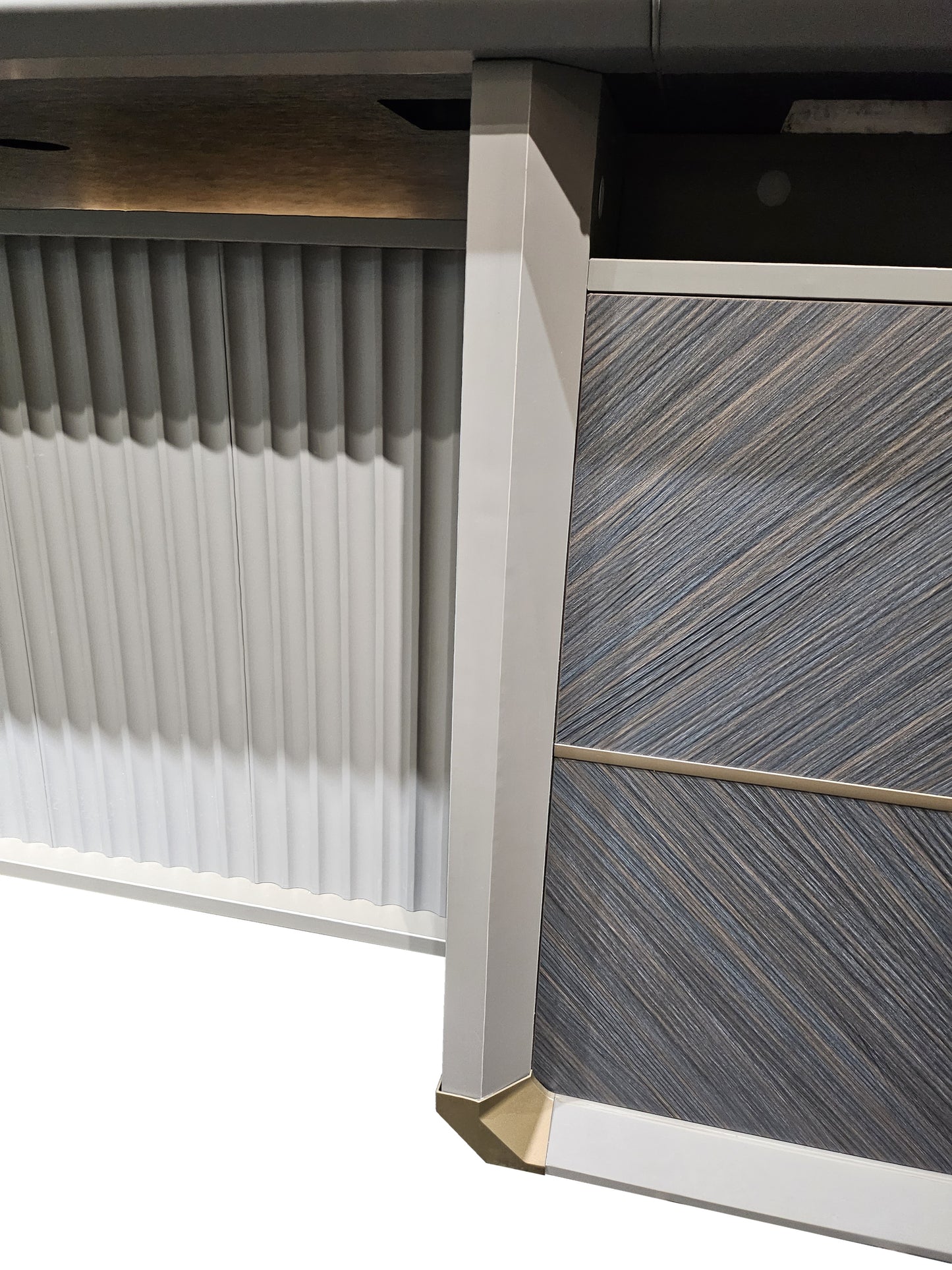 Large Modern Grey Oak Straight Office Desk with Herringbone Detailing and Built in Storage - 2800mm - DHH-D0128