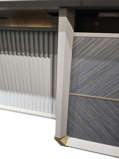 Large Modern Grey Oak Straight Office Desk with Herringbone Detailing and Built in Storage - 2800mm - DHH-D0128