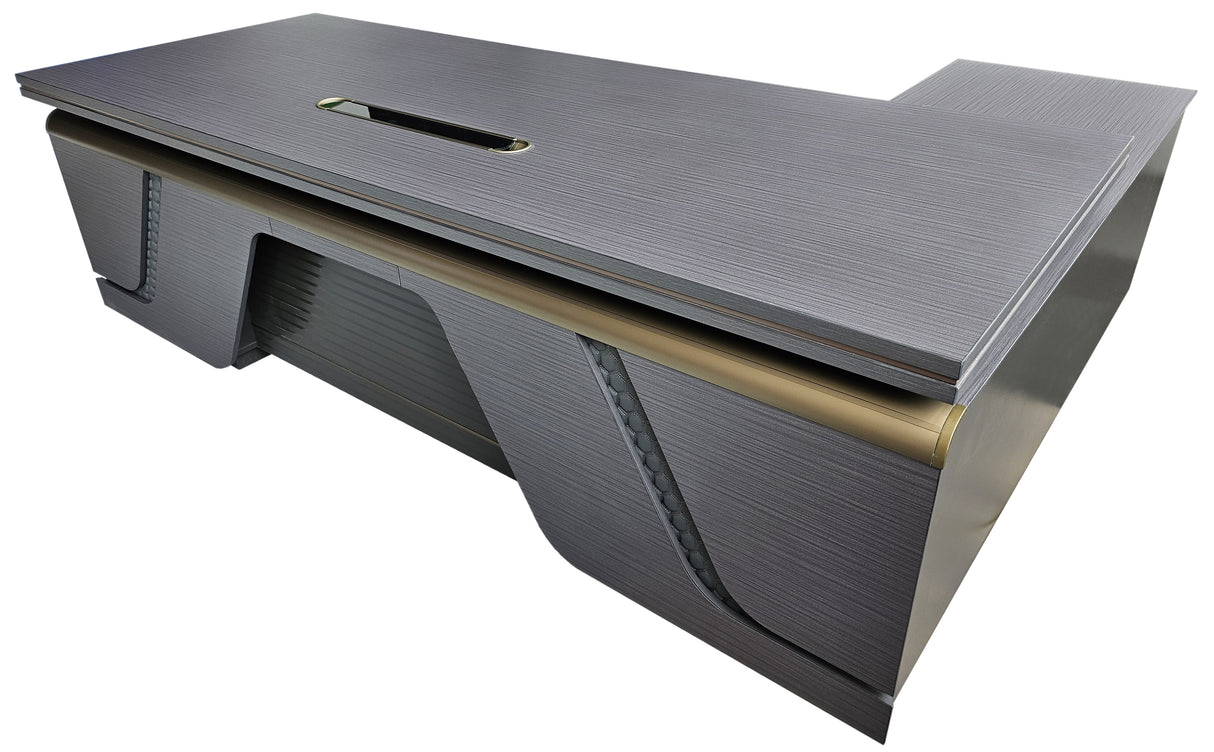 Large Modern Grey Oak Executive Corner Office Desk with Full Desktop and Brass Detailing - 2400mm - BP60-D06