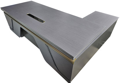 Large Modern Grey Oak Executive Corner Office Desk with Full Desktop and Brass Detailing - 2400mm - BP60-D06