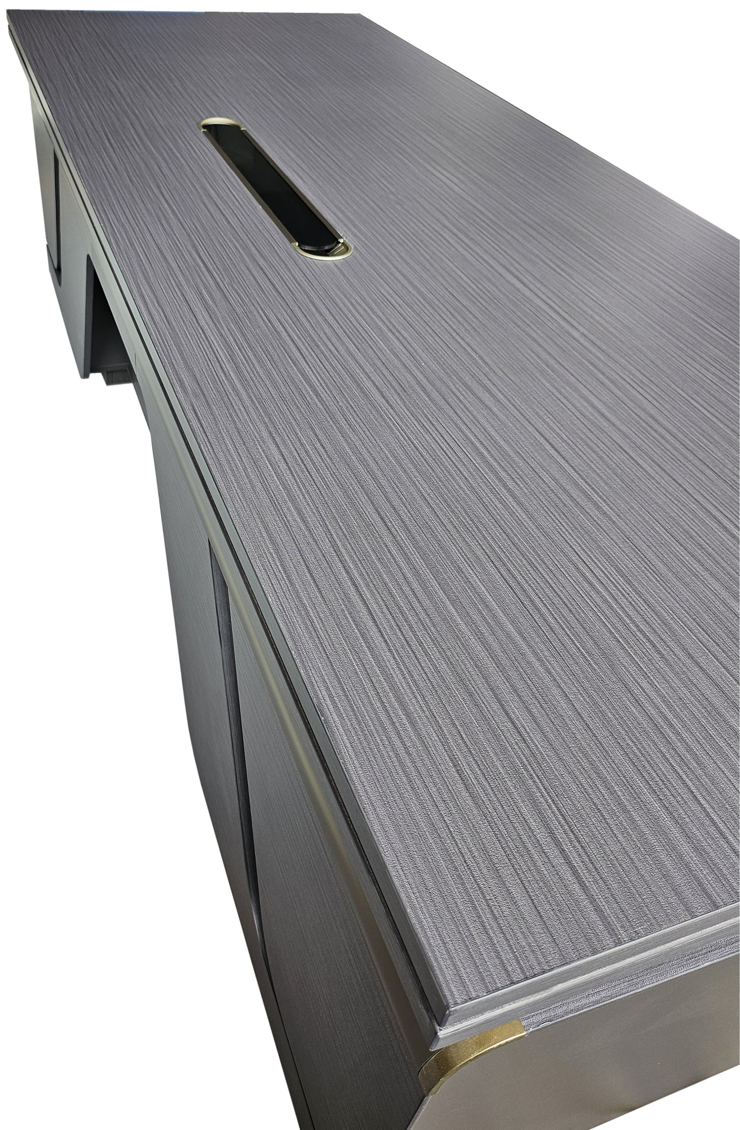 Large Modern Grey Oak Executive Corner Office Desk with Full Desktop and Brass Detailing - 2400mm - BP60-D06