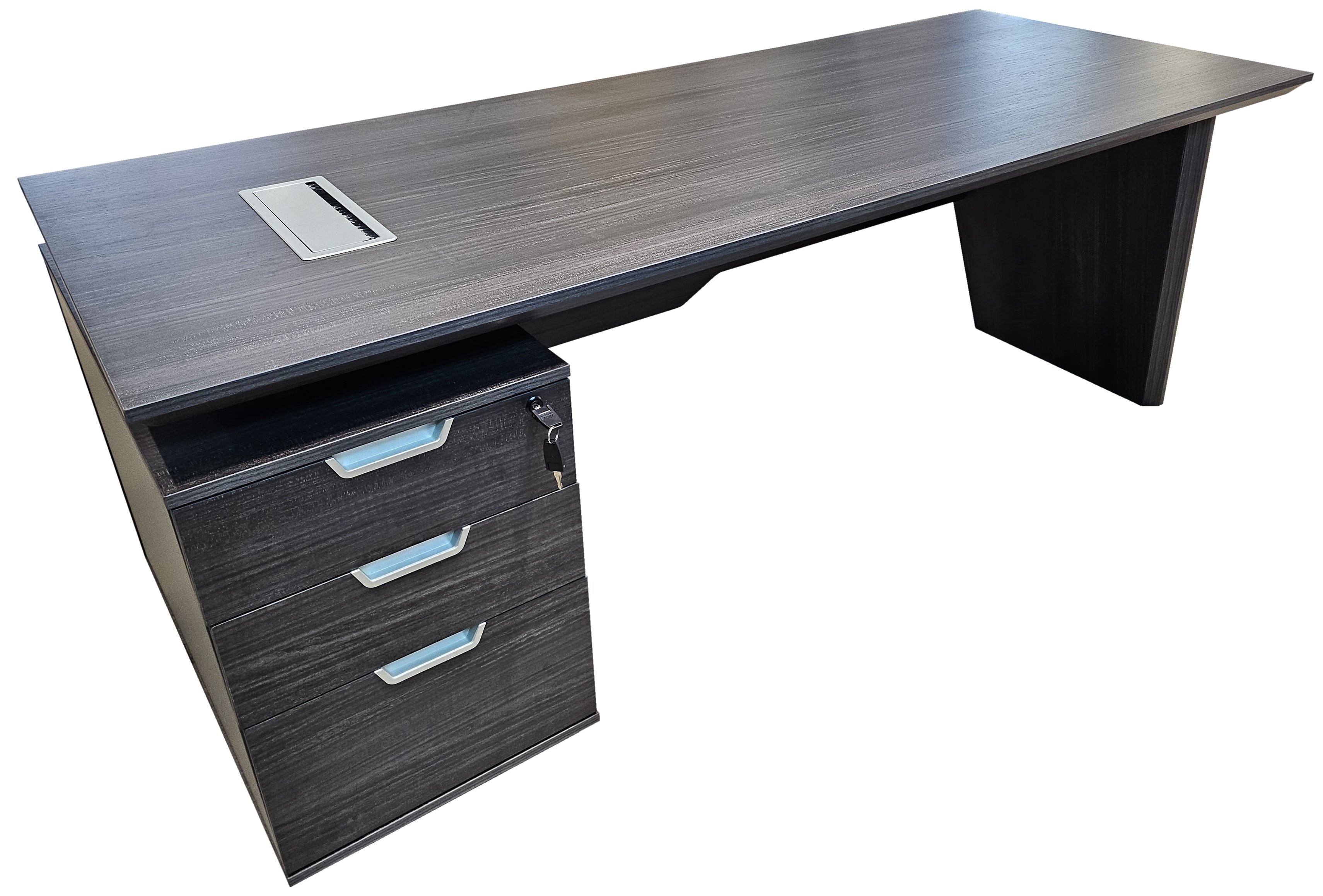 Modern Grey Oak Veneer Executive Office Desk with Built in Pedestal and Inclined Leg - 1600mm - DG19-S-D16 Huddersfield