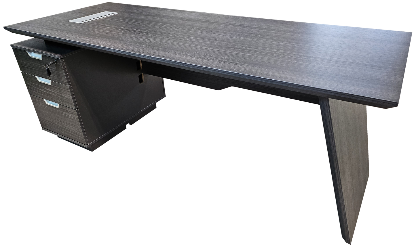 Modern Grey Oak Veneer Executive Office Desk with Built in Pedestal and Inclined Leg - 1800mm - DG19-S-D18