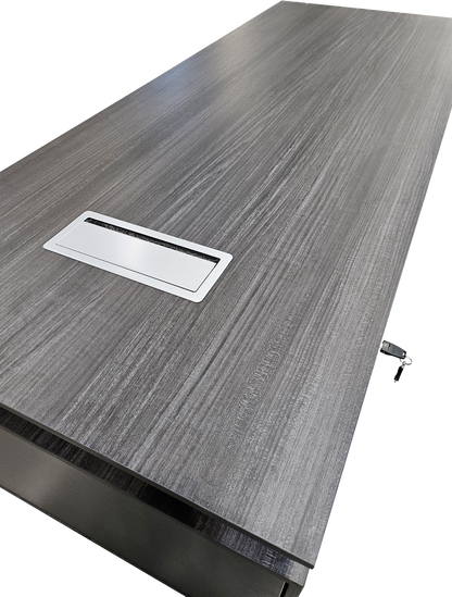 Modern Grey Oak Veneer Executive Office Desk with Built in Pedestal and Inclined Leg - 1600mm - DG19-S-D16