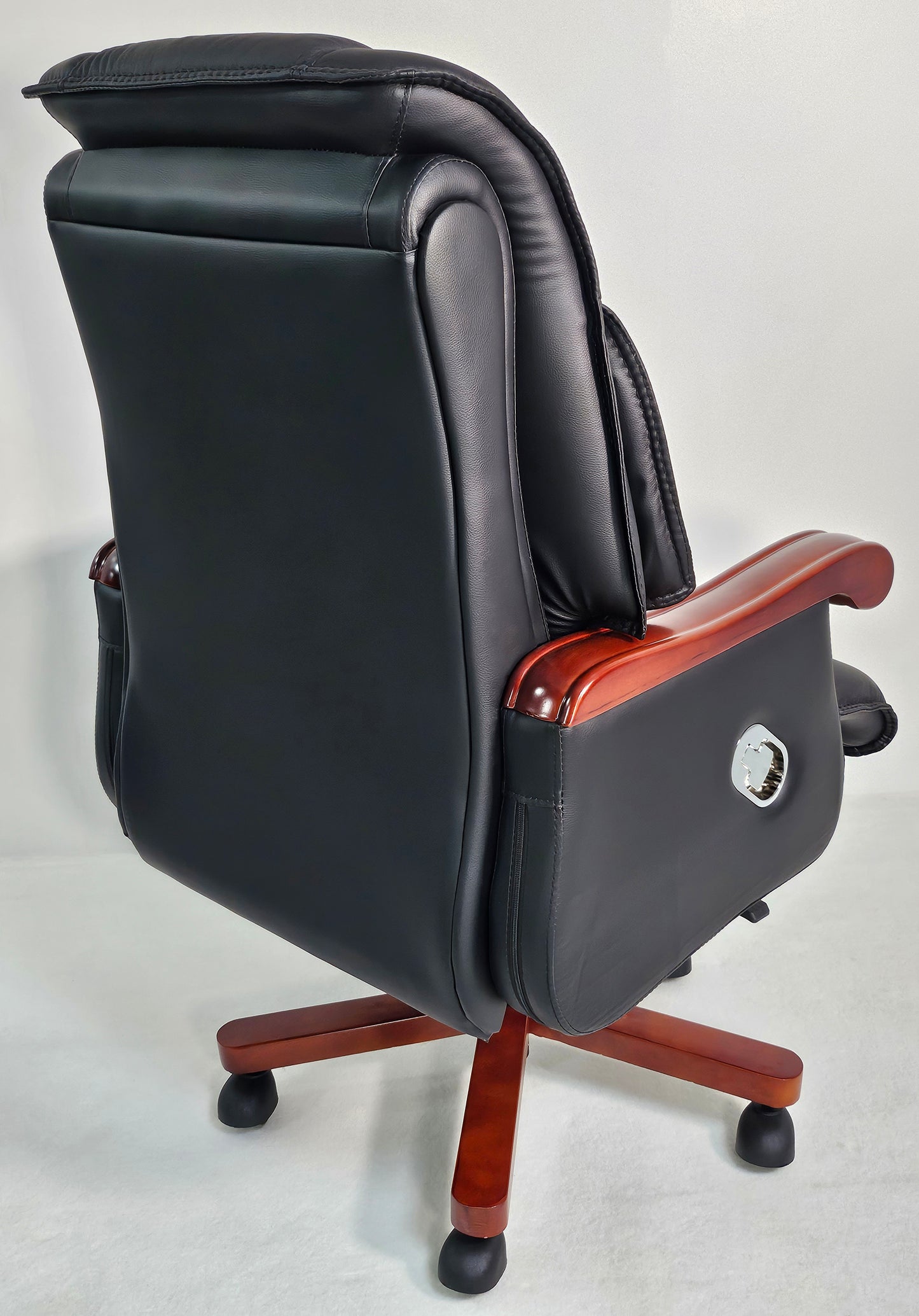 Genuine Black Leather Executive Reclining Office Chair with Walnut Arms - 893