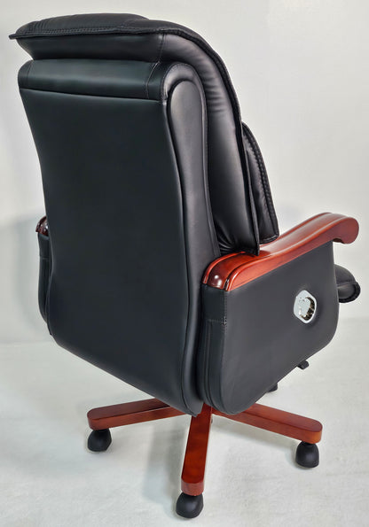 Genuine Black Leather Executive Reclining Office Chair with Walnut Arms - 893