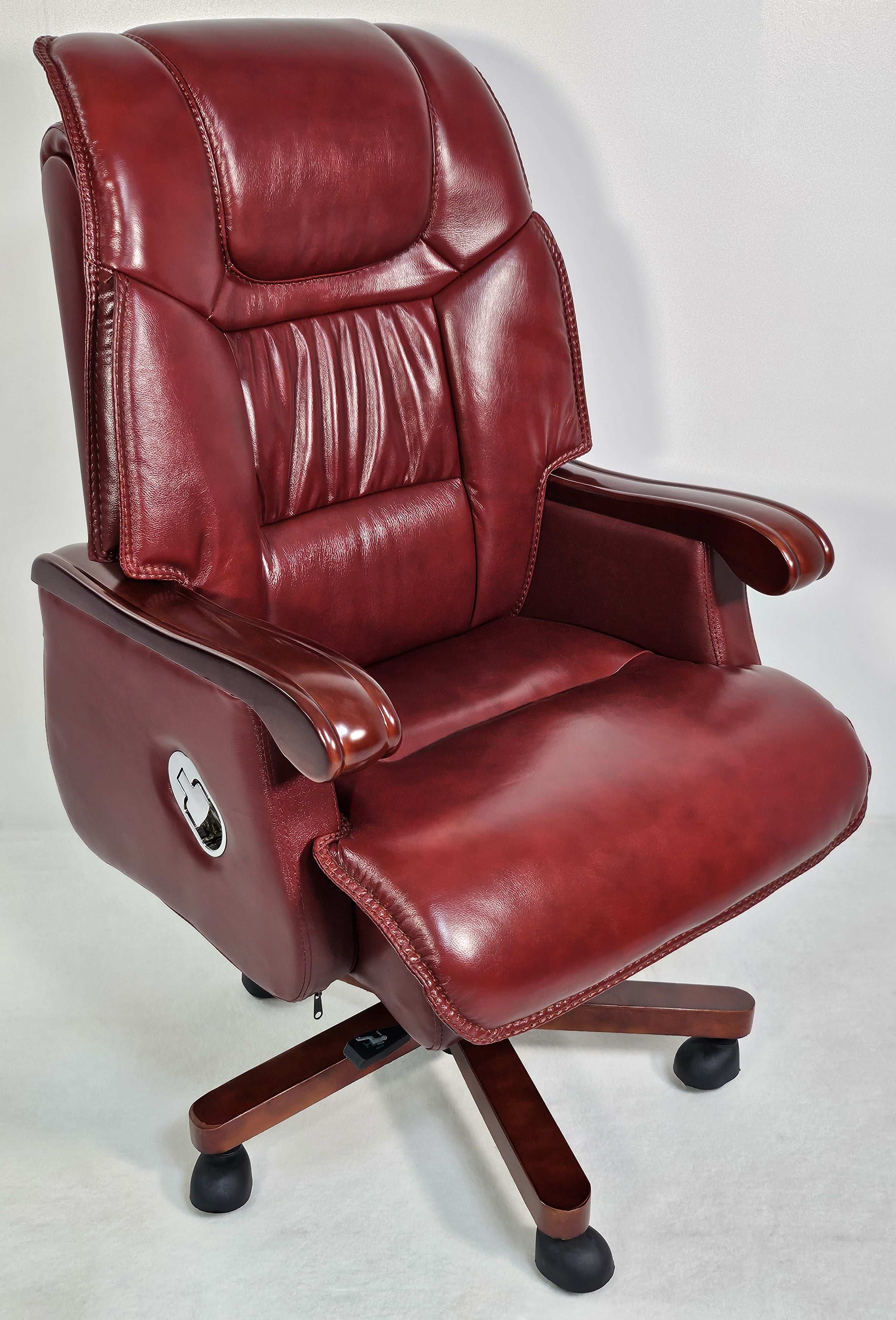 Genuine Burgundy Leather Executive Reclining Office Chair with Walnut Order Office Furniture