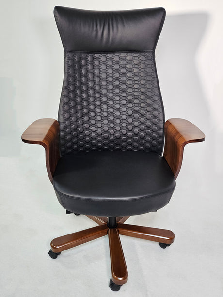 Modern Genuine Black Leather High Back Office Chair with Hexagonal Design - 6084HL