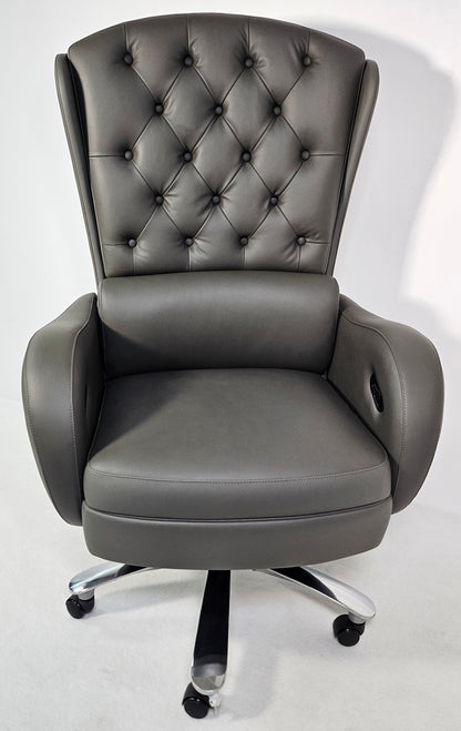Genuine Grey Leather High Back Executive Office Chair with Chesterfield Design -  6002HL