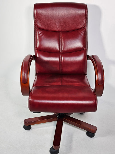 Genuine Burgundy Leather Executive Office Chair with Curved Walnut Arms - H-073