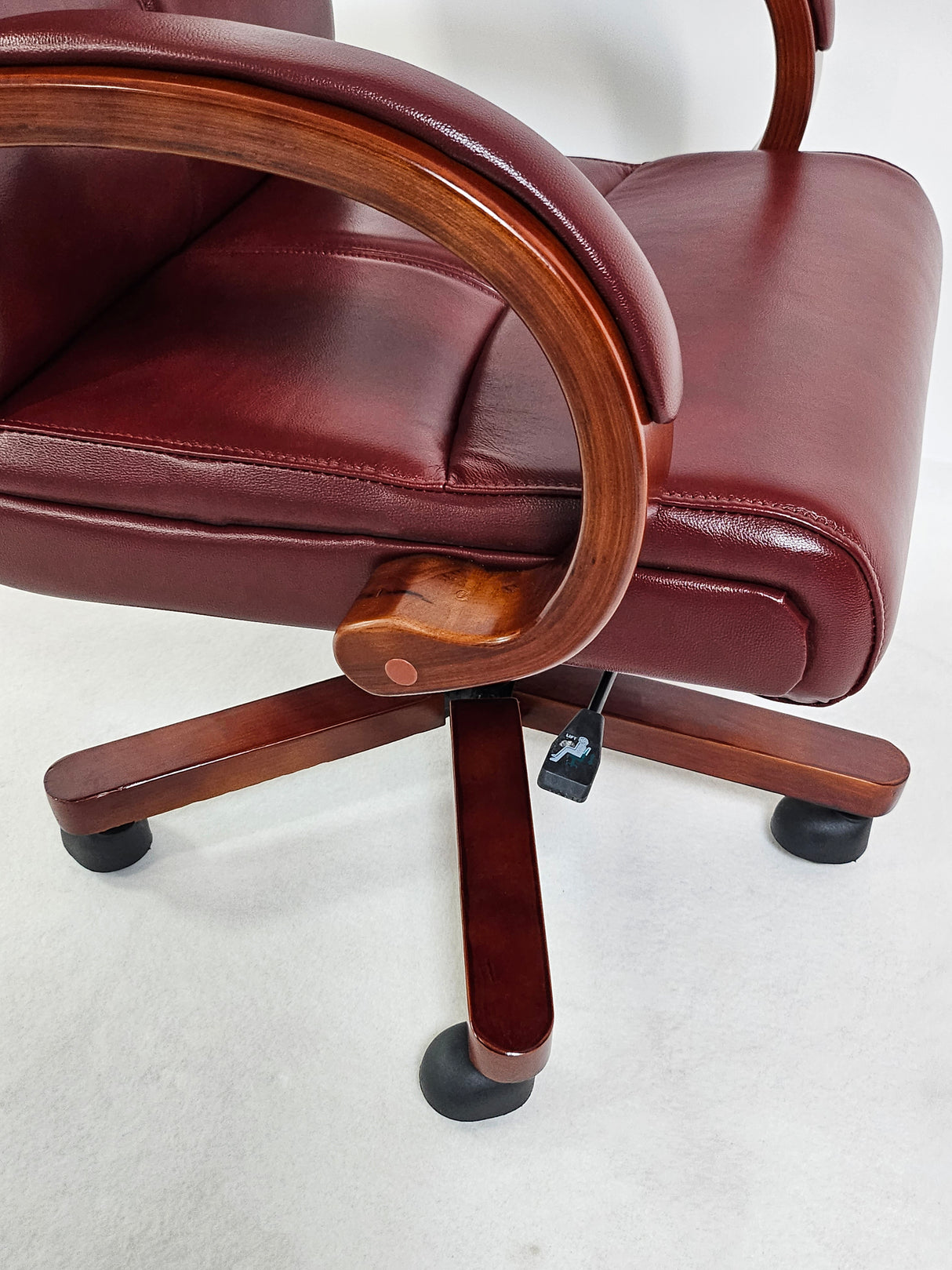Genuine Burgundy Leather Executive Office Chair with Curved Walnut Arms - H-073