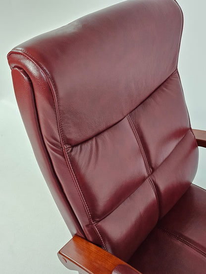 Genuine Burgundy Leather Executive Office Chair with Curved Walnut Arms - H-073