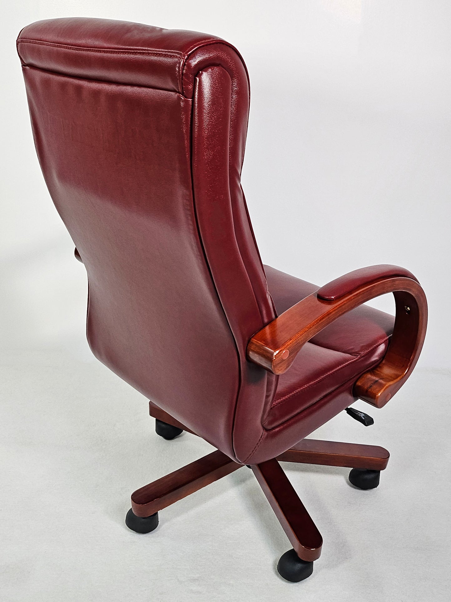 Genuine Burgundy Leather Executive Office Chair with Curved Walnut Arms - H-073