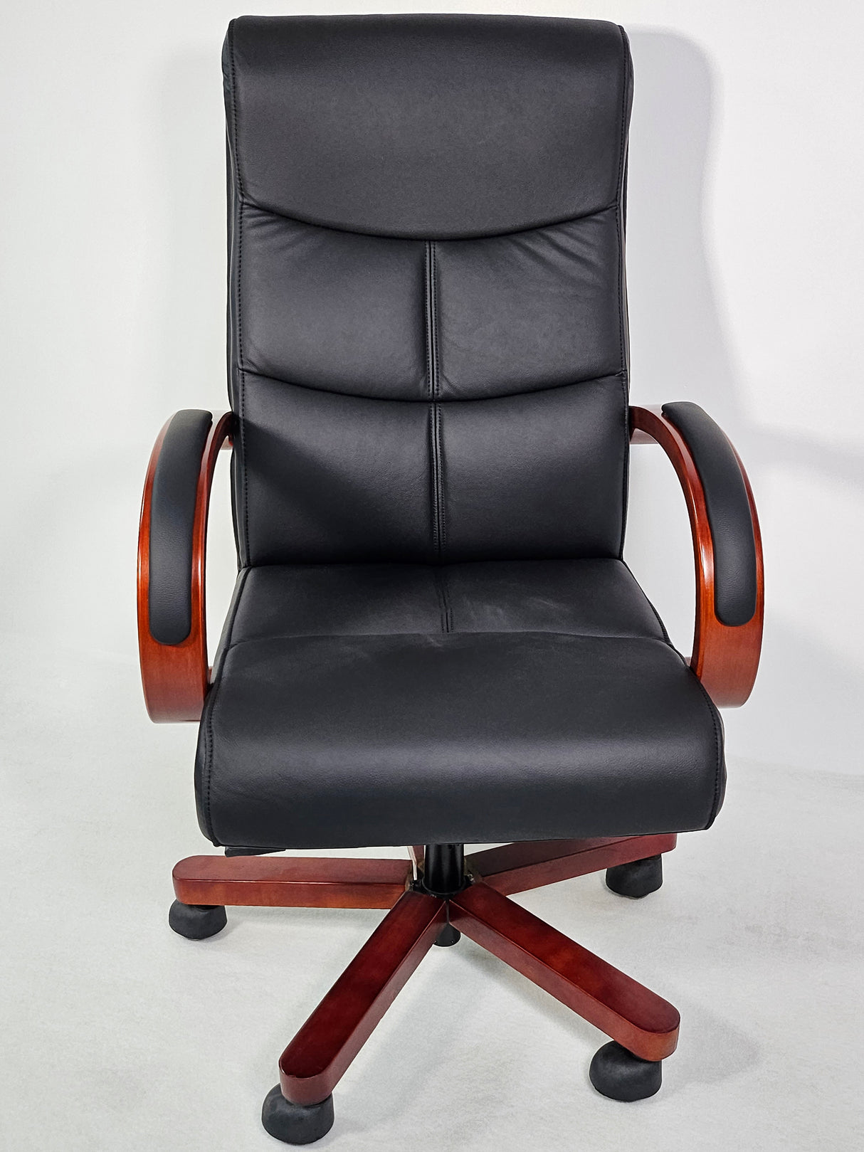 Genuine Black Leather Executive Office Chair with Curved Walnut Arms - H-073