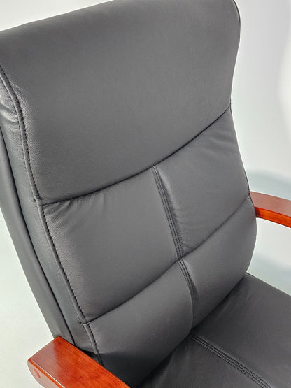 Genuine Black Leather Executive Office Chair with Curved Walnut Arms - H-073