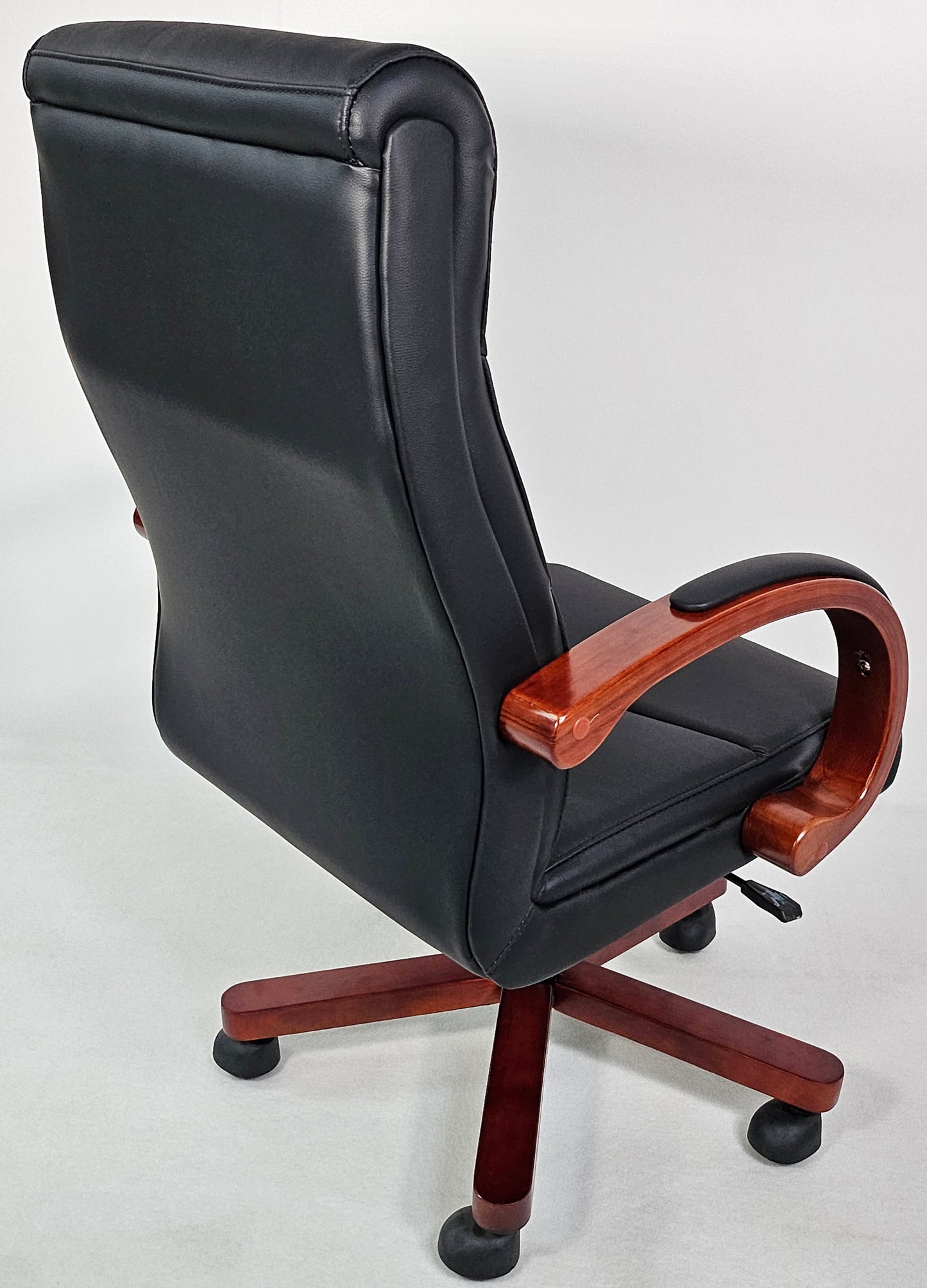 Genuine Black Leather Executive Office Chair with Curved Walnut Arms - H-073
