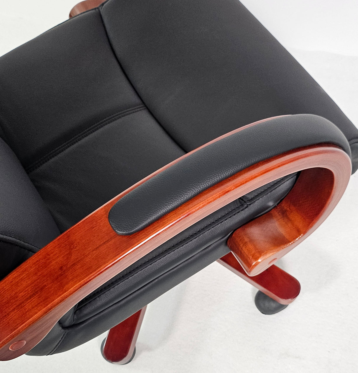 Genuine Black Leather Executive Office Chair with Curved Walnut Arms - H-073