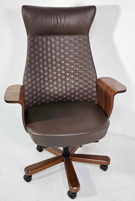 Modern Genuine Brown Leather High Back Office Chair with Hexagonal Design - 6084HL