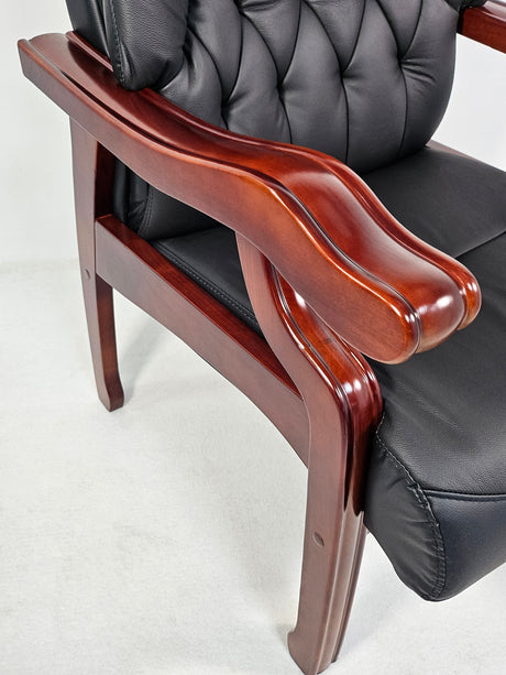 Traditional Black Genuine Leather Visitor Chair with Walnut Frame - A31