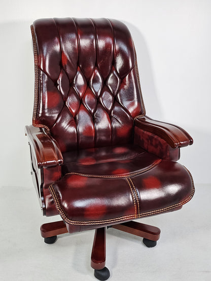Large Burgundy Genuine Leather Executive Office Chair with Walnut Detailing -  A8052