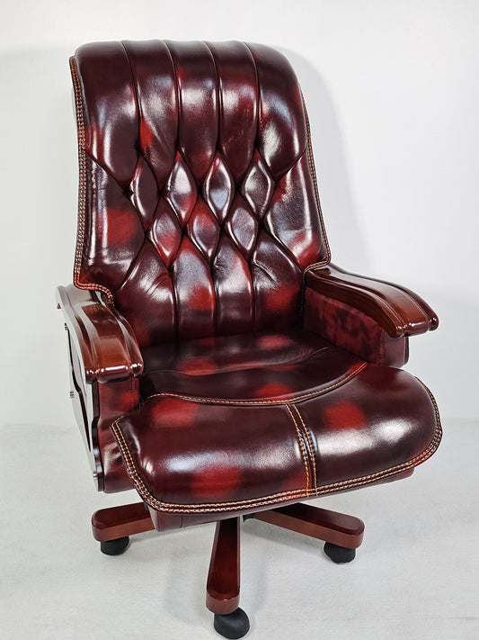 Large Burgundy Genuine Leather Executive Office Chair with Walnut Detailing -  A8052