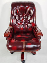 Large Burgundy Genuine Leather Executive Office Chair with Walnut Detailing - A8052