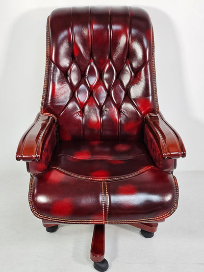 Large Burgundy Genuine Leather Executive Office Chair with Walnut Detailing -  A8052
