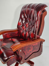 Large Burgundy Genuine Leather Executive Office Chair with Walnut Detailing - A8052