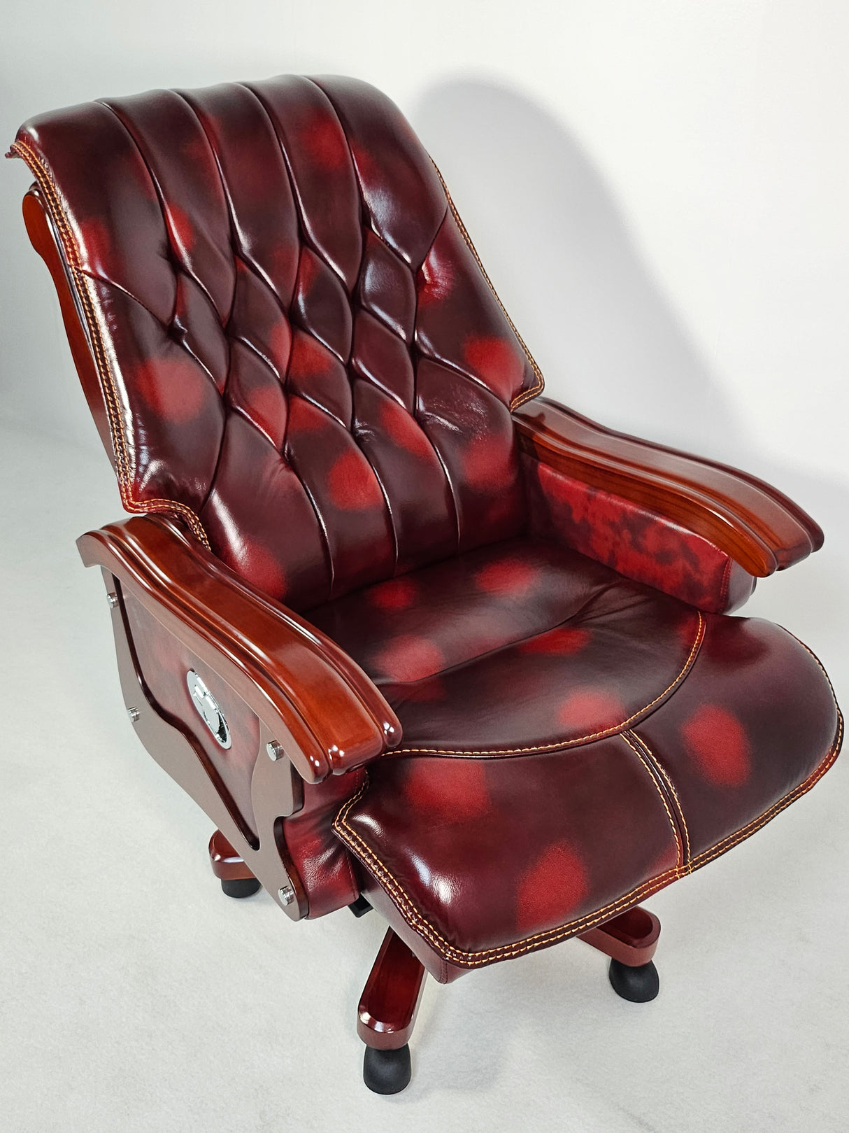 Large Burgundy Genuine Leather Executive Office Chair with Walnut Detailing - A8052