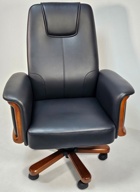 Black Leather Executive Office Chair with Solid Wood Detailing - ZX-006