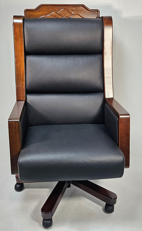 Extra Large Genuine Leather Executive Office Chair with Walnut Veneered Arms - Black - CR-BC001