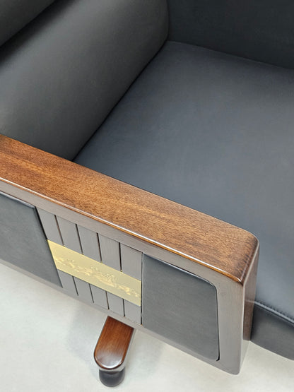 Extra Large Genuine Leather Executive Office Chair with Walnut Veneered Arms - Black - CR-BC001