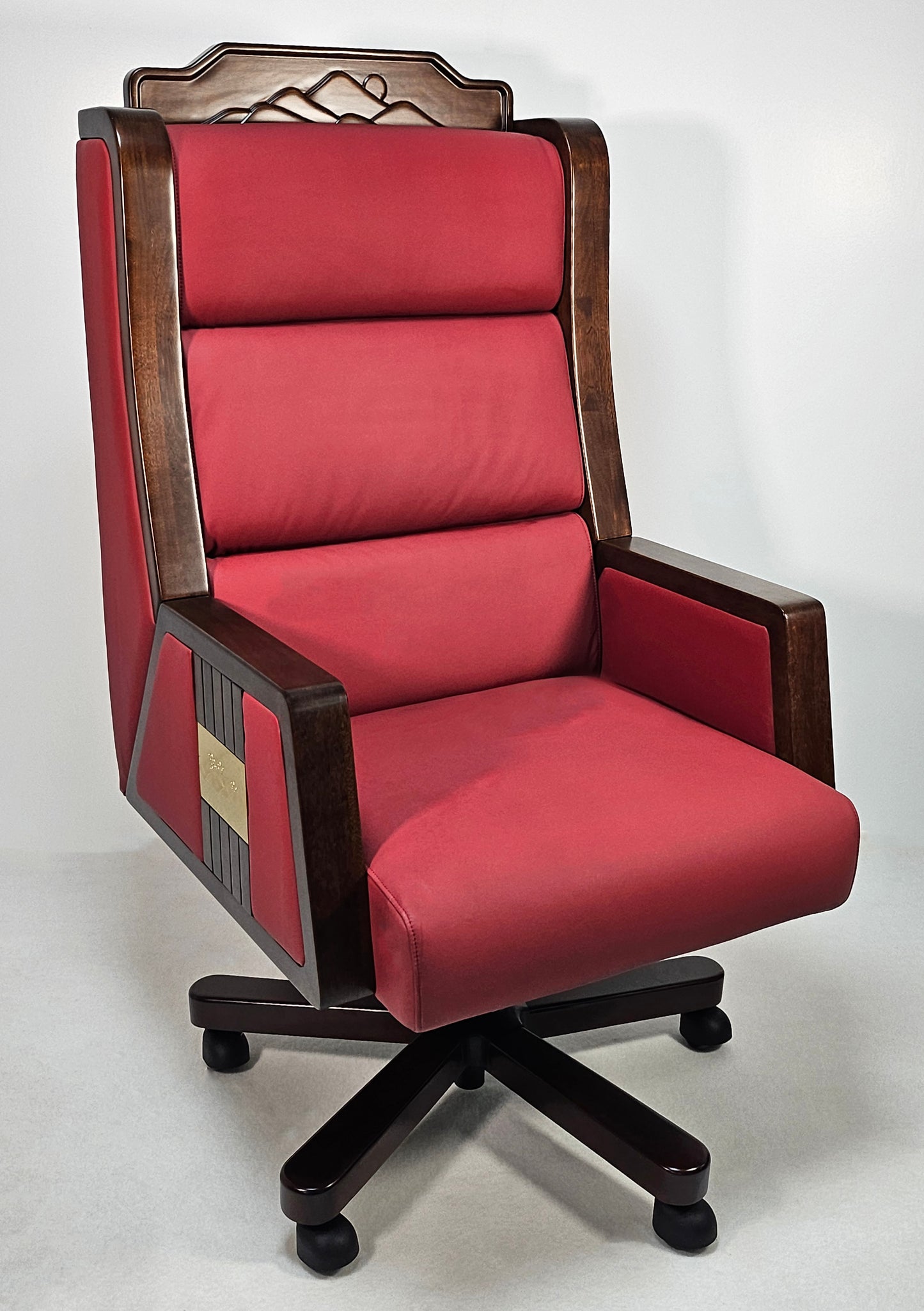 Extra Large Genuine Leather Executive Office Chair with Walnut Veneered Arms - Burgundy - CR-BC001