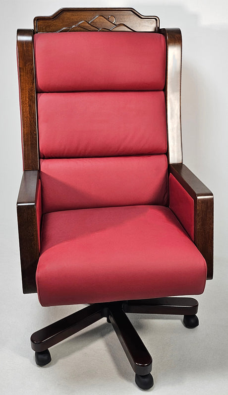 Extra Large Genuine Leather Executive Office Chair with Walnut Veneered Arms - Burgundy - CR-BC001