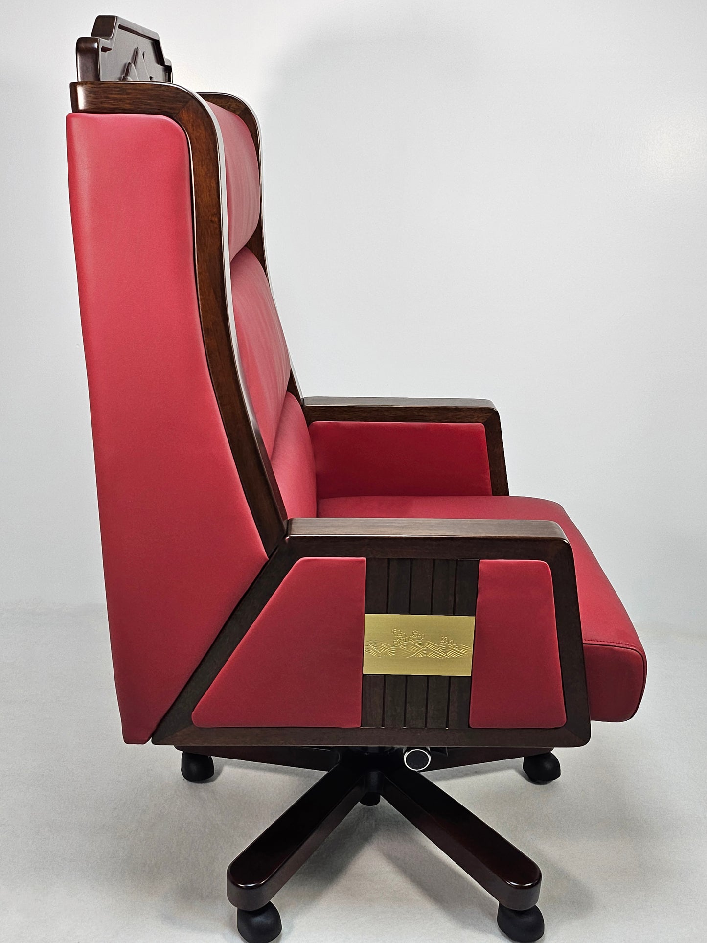 Extra Large Genuine Leather Executive Office Chair with Walnut Veneered Arms - Burgundy - CR-BC001