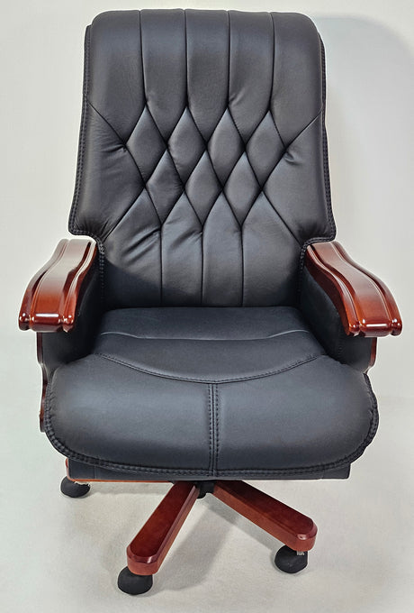 Large Black Genuine Leather Executive Office Chair with Walnut Detailing - A8052